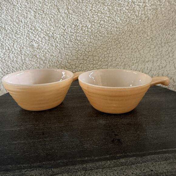 MCM Vintage Fire King Soup Bowls Peach Luster Ovenware Beehive With Handles USA - Picture 2 of 7
